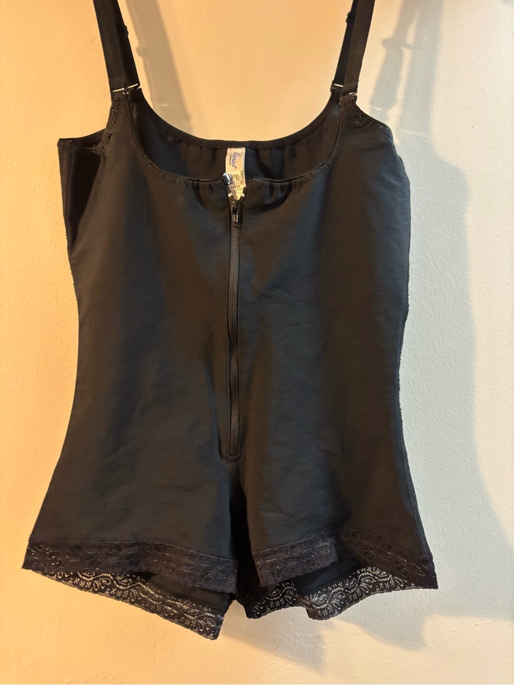 Black Lace-Trim Shapewear Romper with Front Zip